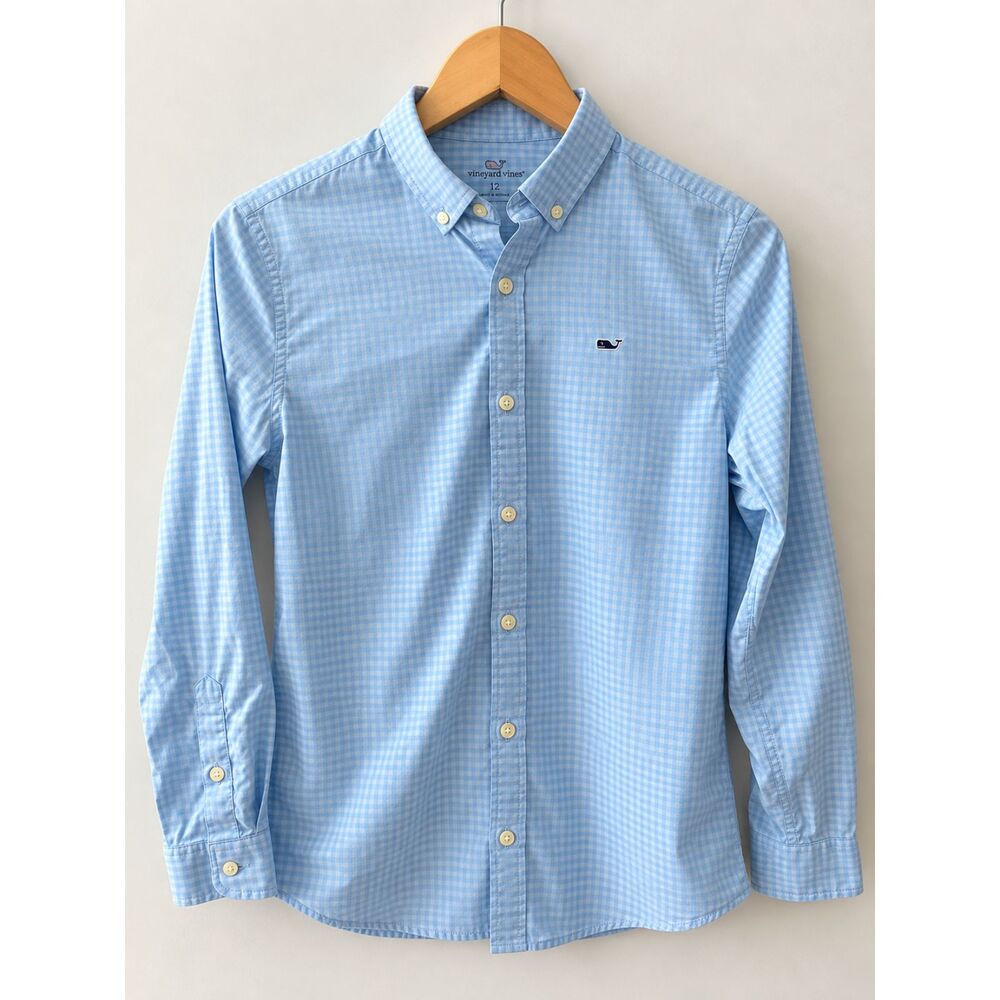 Vineyard Vines Boys L 16 Performance Blue Gingham Button Down Shirt